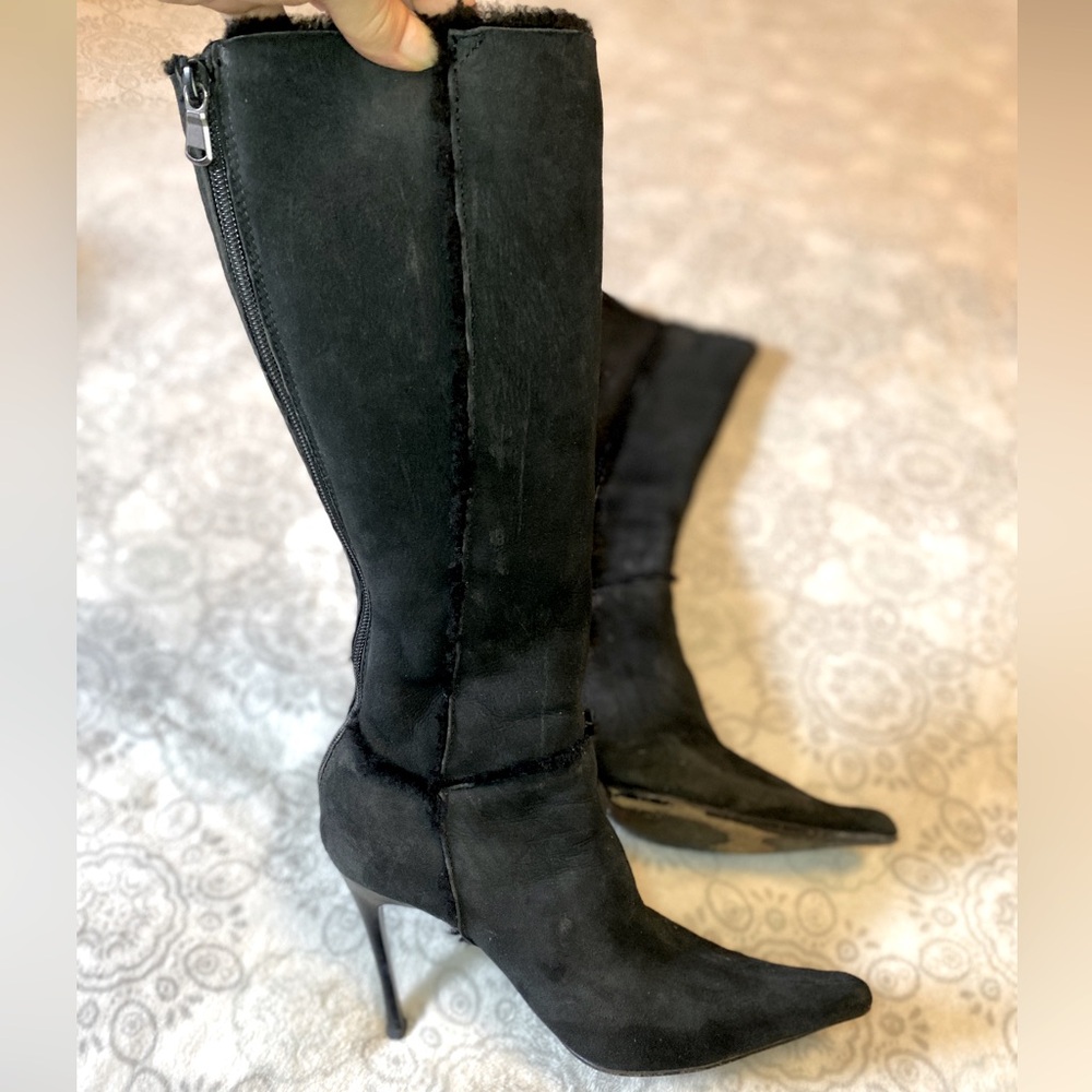 Suede stiletto knee high boots with real sheep lining, and zipper